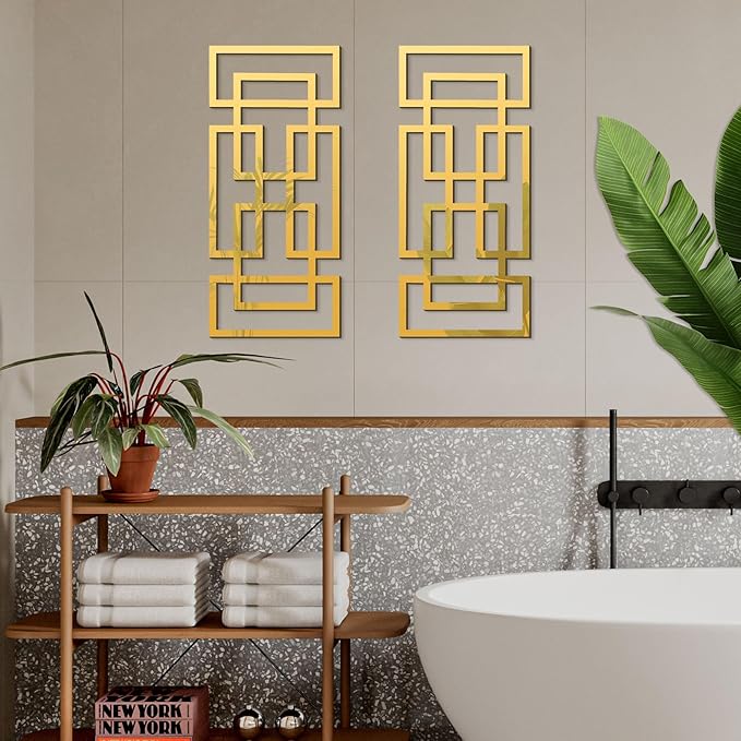 2 Piece Gold Rectangular Wall Mirrors, 15.7×7 Inch Geometric Wooden Frame Acrylic Wall-Mounted Modern Mirror Decor for Bathroom Bedroom Living Room Office Farmhouse Home Decorations