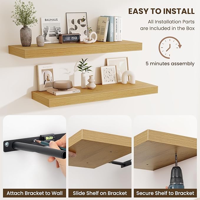 Fun Memories 12 Inch Deep Floating Shelves for Wall, 30 Inch Long Floating Shelf, 30 x 12 Shelf for Wall, Rustic Wood Bookshelves, Hanging Shelves for Bathroom Kitchen Bedroom, Oak, Set of 2