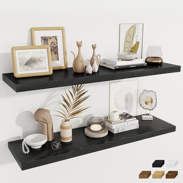 Fun Memories 12 Deep Floating Shelves for Wall, 48W x 12D Extra Large Floating Shelves Set of 2, Hanging Wood Wall Shelves for Living Room, Kitchen, Bedroom, Farmhouse, Laundry Room, Office - Black