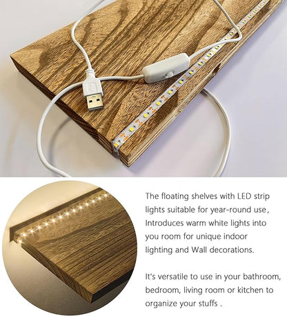 Floating Shelves for Wall Decor Wood Wall Mounted Shelves with LED Lights Set of 2, Sturdy Rustic Wood Shelves Farmhouse Shelf Hanging for Bedroom, Bathroom, Living Room, Kitchen (USB Powered)