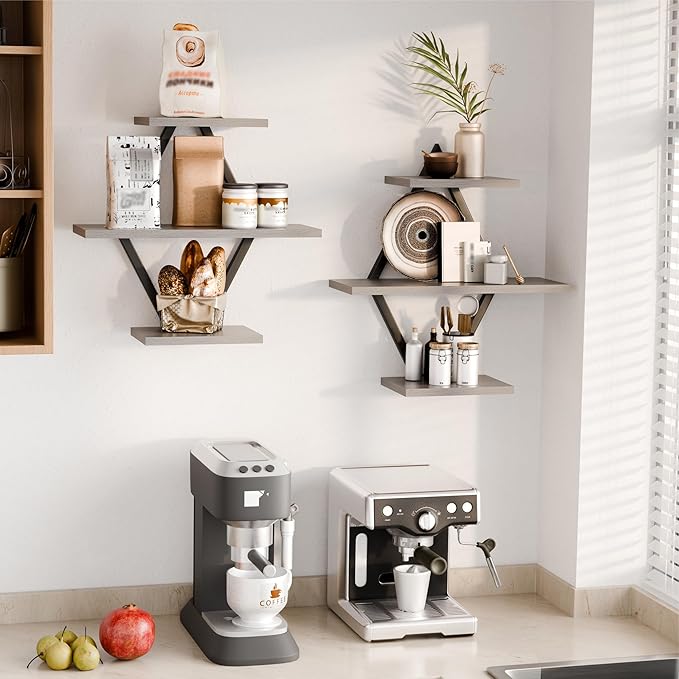 Floating Shelves, Wall Shelf Set of 2, Wall Mounted Shelves, 3-Tier Hanging Wall Shelves for Bathroom, Living Room, Bedroom, Kitchen, Office (Gray)