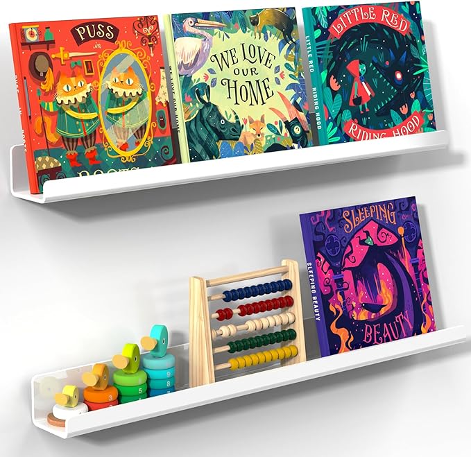 NiHome Set of 2 Magnetic Acrylic Floating Book Shelves, 24 Inches Long for Whiteboard, Classroom and Fridge Storage, Holds Up to 8.5 lbs, Sleek Design Organizer for Large Picture Adhesive (White)