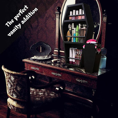 EpicGifts Goth Makeup Shelf - 3 Shelf Standing or Floating Wall Coffin, Makeup Brush Holder (Black)