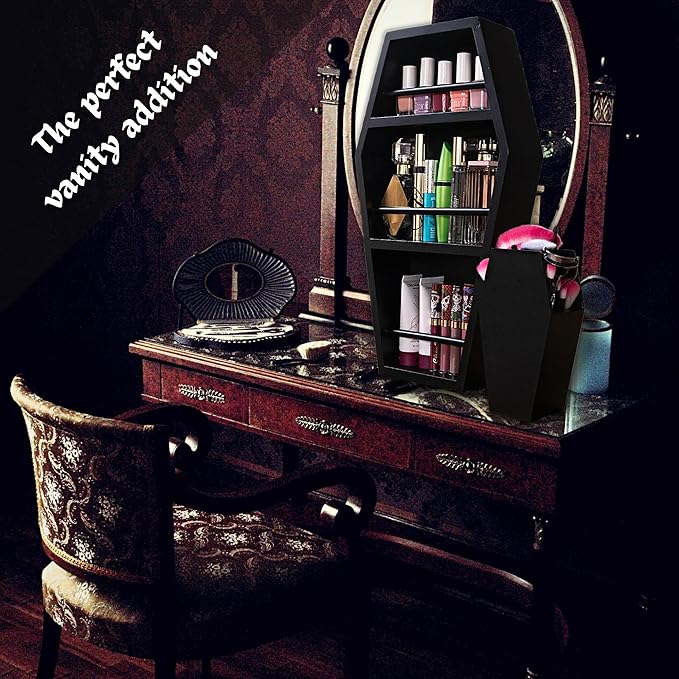 EpicGifts Goth Makeup Shelf - 3 Shelf Standing or Floating Wall Coffin, Makeup Brush Holder (Black)