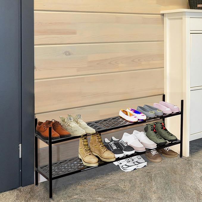 Shoe Rack, Expandable Shoes Organizer Metal Shelf Stand, 2 Tier Stackable Long Shoe Storage Holder For Closet, Floor, Entryway, Garage, Bedroom, Door Entrance For 12-18 Pairs, 45.6 inches Black
