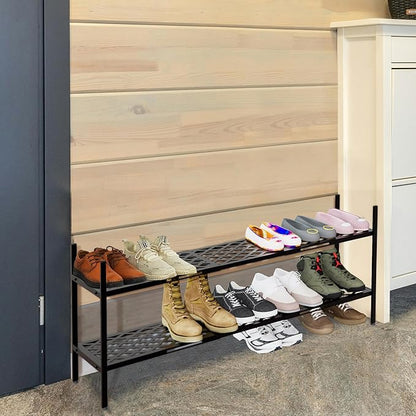 Shoe Rack, Expandable Shoes Organizer Metal Shelf Stand, 2 Tier Stackable Long Shoe Storage Holder For Closet, Floor, Entryway, Garage, Bedroom, Door Entrance For 12-18 Pairs, 45.6 inches Black