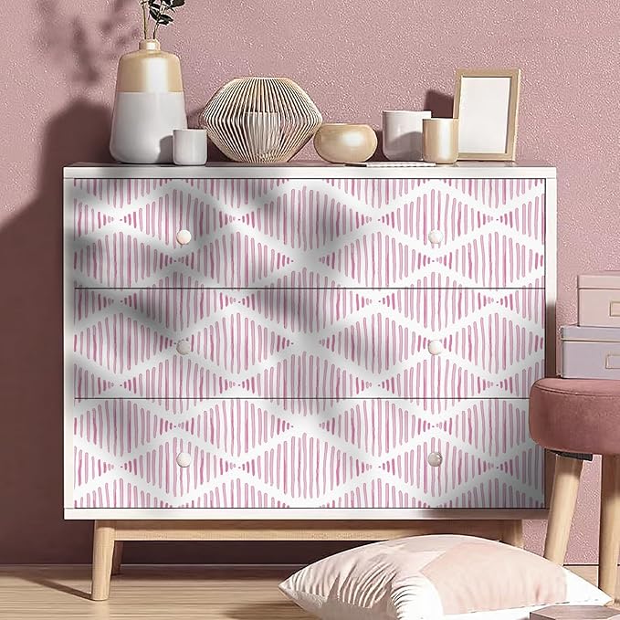 Modern White and Pink Peel and Stick Wallpaper Stripe Diamond Wallpaper Vinyl Waterproof Contact Paper Shelf Paper Drawer Liner Roll for Bedroom Living Room 17.7