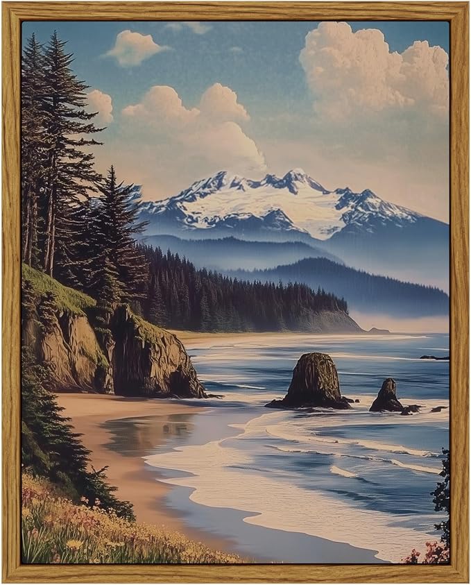 InSimSea Framed Canvas Wall Art, Vintage National Park Art for Living Room Hallway Shelf, 10x8in, Olympic Coastal Landscape Painting, Rustic Cozy Mid Century Small Nature Decor