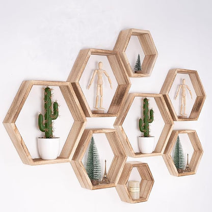 WONFUlity Hexagon Floating Shelves Honeycomb Shelves Wall Mounted Wood Farmhouse Storage Wall Shelf for Bathroom, Kitchen, Bedroom, Living Room,Driftwood Finish Decor,Light Brwon