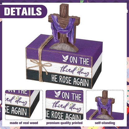 Geelin 4 Pcs Easter Lent Decorations for home, He Is Risen Wooden Sign Christian Tabletop with Cross and Scripture Theme for Table, Tiered Tray, Desk, Shelf, Faith Spring Decor