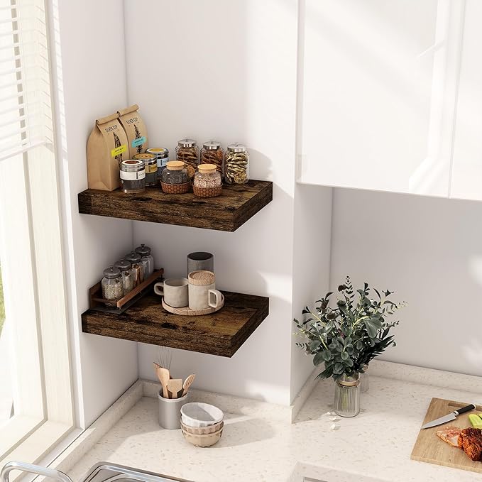 12 Inch Deep Floating Shelves, 16 x 12 Floating Shelf for Books, Rustic Wood Deep Wall Shelves for Home Storage & Display, 2