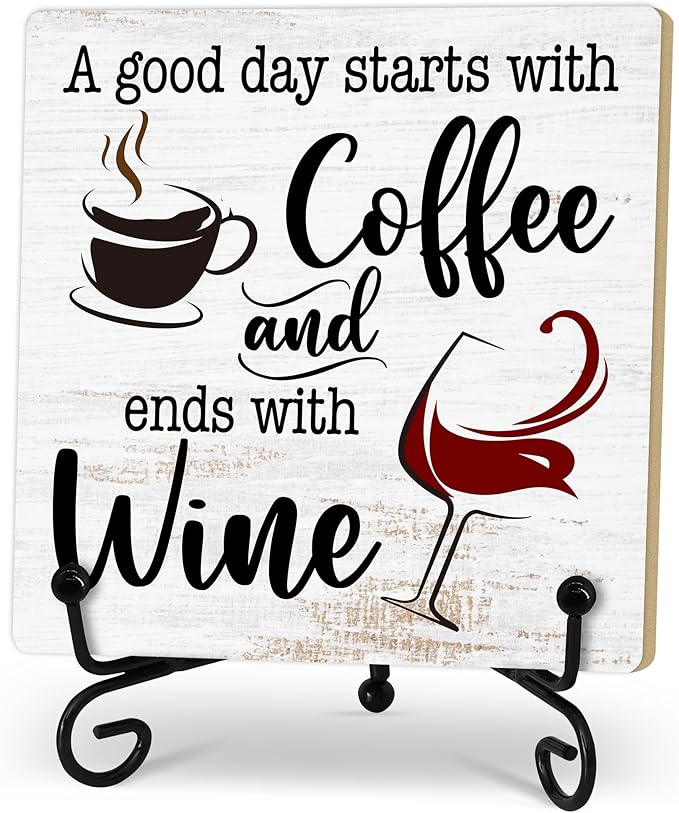 Coffee And Wine Desk Decor Sign, Rustic Wooden Sign With Stand, A Good Day Starts With Coffee And Ends With Wine Sign For Farmhouse Home Kitchen Bar Shelf Table, Gifts For Family Friend Coworker-03