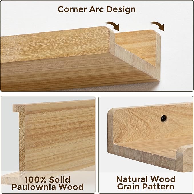RICHFOCUS Floating Shelves for Wall, 72 inch Solid Wood Picture Ledge Shelf for Wall Storage, Nursery Book Shelves with Lip for Living Room Bathroom Bedroom Kitchen, Set of 2, Natural