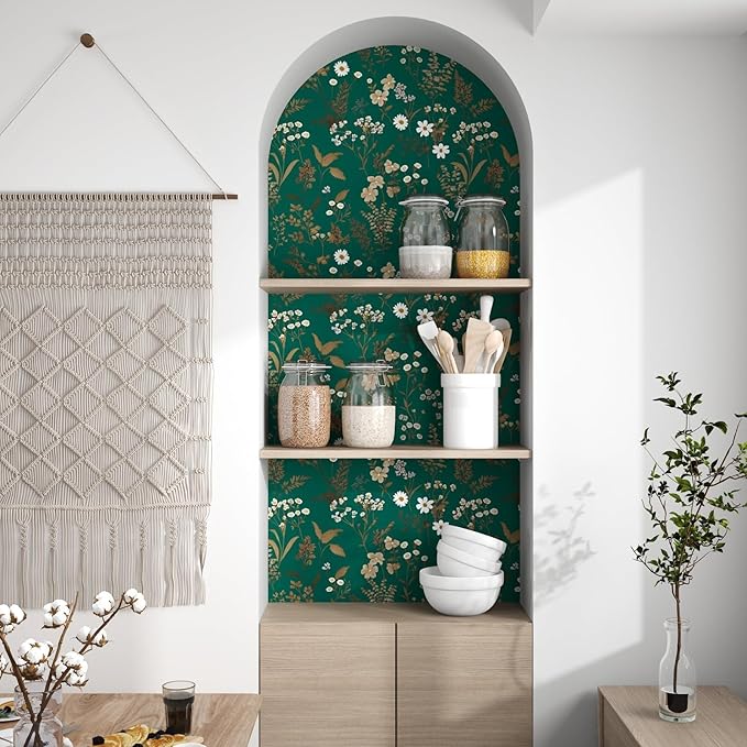 Dark Floral Wallpaper Peel and Stick 17.5in x393in Vintage Green Gold Leaf Wallpaper Vinyl Waterproof Self-Adhesive Boho Botanical Wall Paper Mural for Cabinet Bookcase Bedroom Decor