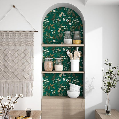 Dark Floral Wallpaper Peel and Stick 17.5in x393in Vintage Green Gold Leaf Wallpaper Vinyl Waterproof Self-Adhesive Boho Botanical Wall Paper Mural for Cabinet Bookcase Bedroom Decor