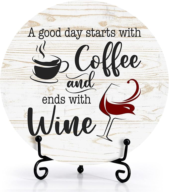 Coffee And Wine Desk Decor Sign, Rustic Funny Wooden Box Plaque, A Good Day Starts With Coffee And Ends With Wine Wood Sign, Decor For Home Kitchen Table Top, Wooden Round With Stand-22