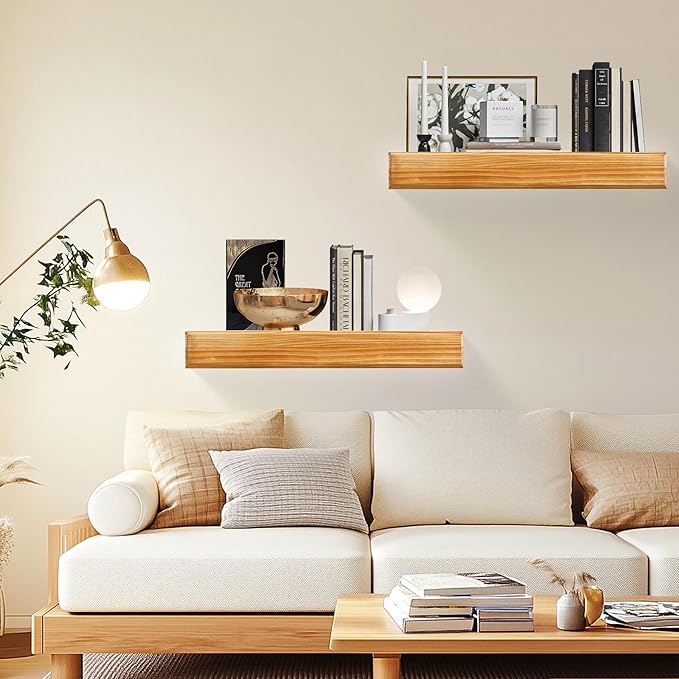24 Inch Picture Ledge Shelf with Lip,Floating Shelves for Wall, Set of 2 Solid Pine Wood Shelves with Invisible Brackets, Wall Storage for Living Room, Bedroom, Kitchen, Bathroom(Carbonized Brown)