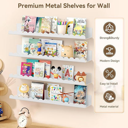 Floating Shelves for Wall, 23 Inch Metal Nursery Book Shelves 4 Pack, Wall Mounted Book Shelf for Kids Room, Bedroom, Bathroom, Playroom Decor （White）