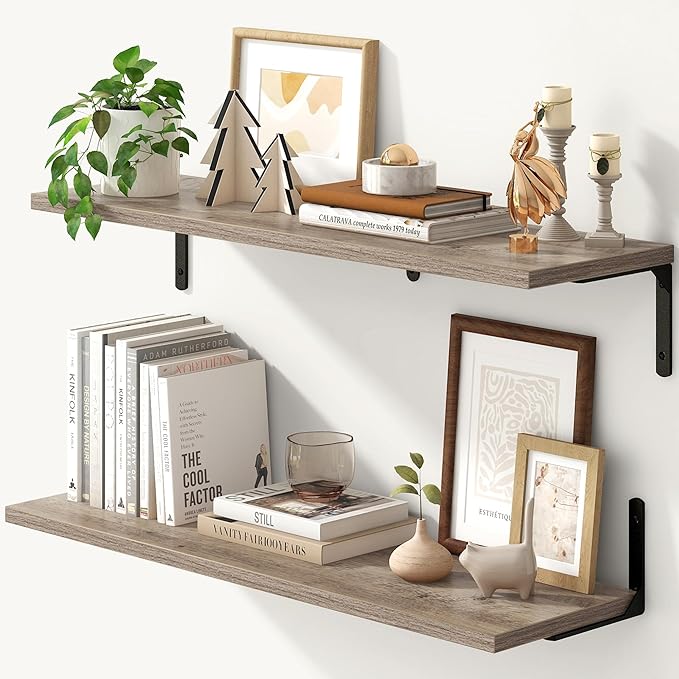 Fun Memories Deep Floating Shelves, 32W x 8D Floating Shelves Set of 2, Wall Mounted Shelf with Metal Brackets, Rustic Wood Wall Shelf for Bathroom, Kitchen and Living Room, Grey