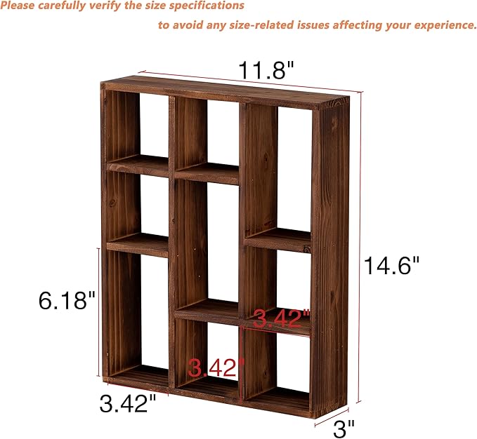SOFE Small Brown Wood Shadow Box with Shelves, 3 Tier Wall Shelving Unit, 9-Compartment Wall Mounted Curio Cabinet, Knick Knack Display Shelf, Floating Cube Shelves for Walls, Shot Glass Display Case