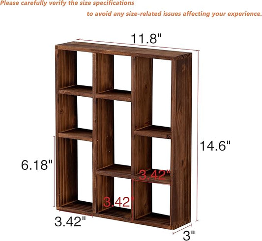 SOFE Small Brown Wood Shadow Box with Shelves, 3 Tier Wall Shelving Unit, 9-Compartment Wall Mounted Curio Cabinet, Knick Knack Display Shelf, Floating Cube Shelves for Walls, Shot Glass Display Case