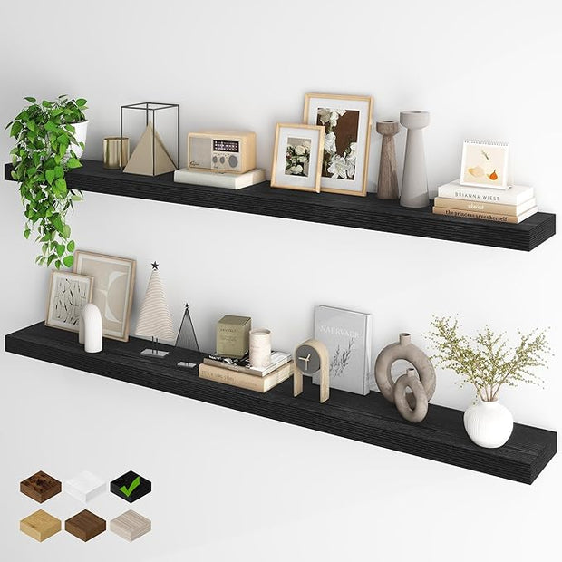 Fun Memories 66 Inch Fireplace Mantel - Long Floating Shelf, Wall Mounted Farmhouse Display with Invisible Heavy Duty Metal Bracket, Black, 2 Pack