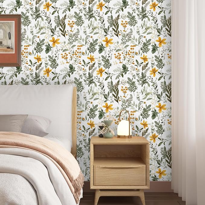 Vintage Leaf Wallpaper Peel and Stick,Green Yellow Floral Contact Paper 17.5" x 393", Botanical Flower Wall Paper Self Adhesive Removable Waterproof for Room Bedroom Shelves Cabinet Table Decor