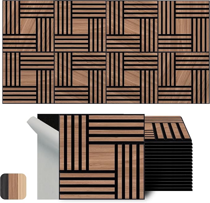 WoveN SounD Artisan Acoustic Wall Panels, 16 Pack 12x12 Inch, Wood Veneer Carved Sound Proof Wall Decor, Self-Adhesive for Home, Studio, Office & Focus Zones, Metre, Teak