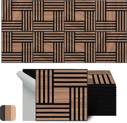 WoveN SounD Artisan Acoustic Wall Panels, 16 Pack 12x12 Inch, Wood Veneer Carved Sound Proof Wall Decor, Self-Adhesive for Home, Studio, Office & Focus Zones, Metre, Teak