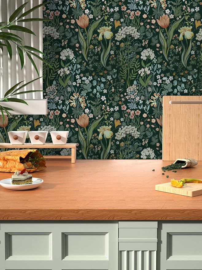 Peel and Stick Wallpaper Vintage Wall Paper Green Floral Contact Paper Removable Wallpaper 17.3
