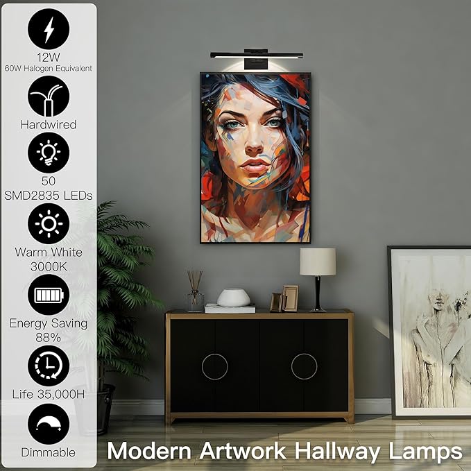 LED Picture Light, Hard-Wired Connection Dimmable Adjustable Artwork Light, 12W (60W Eqv.) CRI95+ 16.54" Black Gallery Light for Paintings Display Picture Frame Dartboard, Warm White 3000K