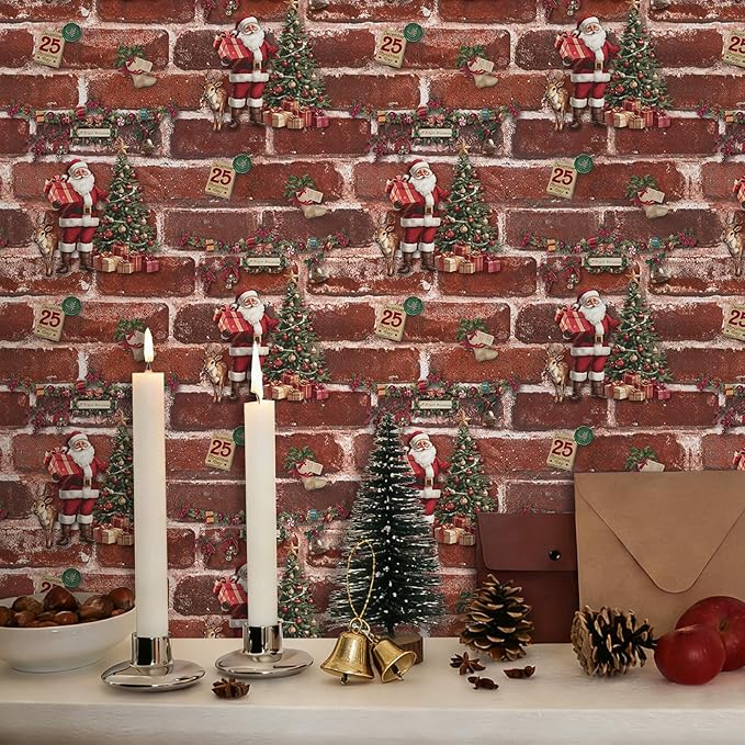 Christmas Wallpaper Brick Wallpaper Peel and Stick 17.3"×118" Red Brick Contact Paper Fireplace Wall Paper Christmas Decorations Self-Adhesive Waterproof Removable Living Room Wall Cover Party