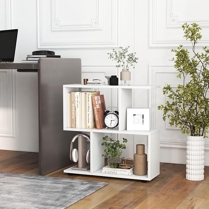 Tangkula 2 Tier Geometric Bookshelf, Freestanding Wood Display Shelf, Home Office Room Divider S Shaped Open Bookcase, Small Bookshelf for Small Spaces, Living Room, Study (White, 1)