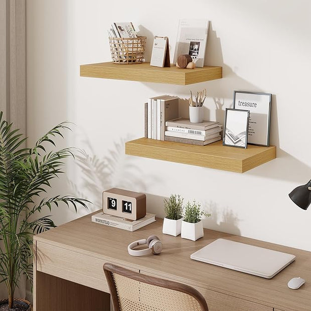 Fun Memories 24 Inch Floating Shelves Wall-Mounted, 12 Inch Deep Wall Shelves, 24 x 12 Floating Shelf, Deep Storage Shelf for Living Room Bathroom Bedroom, Oak, Set of 2