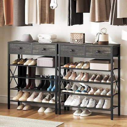 5 Tier Shoe Rack, Large Capacity Shoe Storage Organizer, Metal Shoe Shelf with Drawer and Wooden Top, for 20 Pairs of Shoes, for Entryway, Closet, Charcoal and Black SS25BCY1