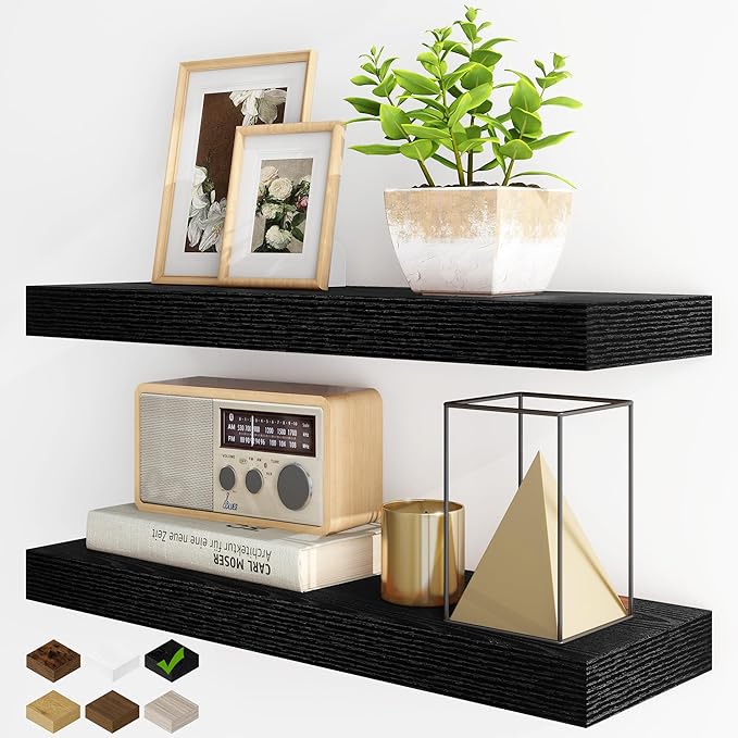 Fun Memories Floating Shelves for Wall, 24Inch Floating Shelves Set of 2, Hanging Shelf with Invisible Brackets, Wood Shelves for Living Room, Bedroom, Kitchen, Black