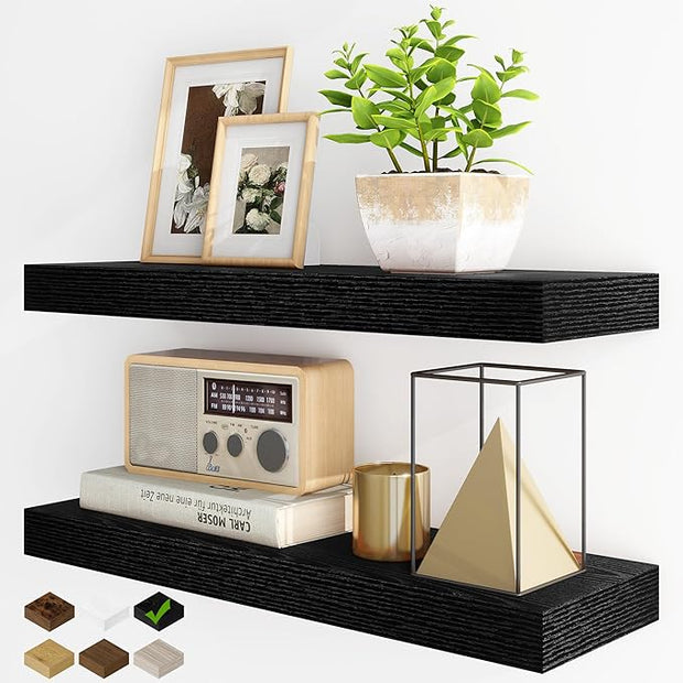 Fun Memories Floating Shelves for Wall, 24Inch Floating Shelves Set of 2, Hanging Shelf with Invisible Brackets, Wood Shelves for Living Room, Bedroom, Kitchen, Black
