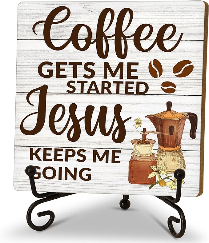 Coffee Gets Started Jesus Keeps Me Going Wood Plaque Sign With Stand, Christian Quote Desk Sign Decor for Farmhouse Home Kitchen Coffee Bar Table Shelf, Motivational Gifts for Women Man Friends