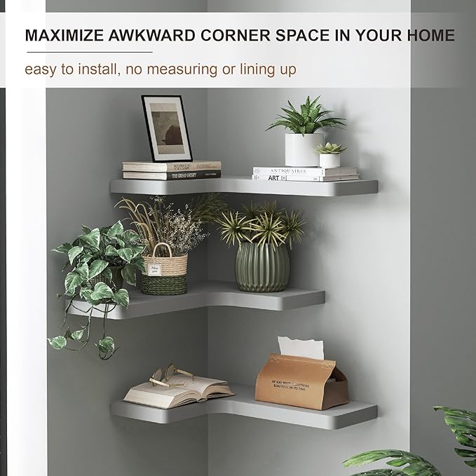 fuqing Corner Floating Shelves, Wall Shelf Set of 3, Shelves for Wall Storage, Solid Wood Shelves for Storage, Wall Mount Wooden Display Shelf for Bathroom Bedroom Kitchen Garage, Dark Grey
