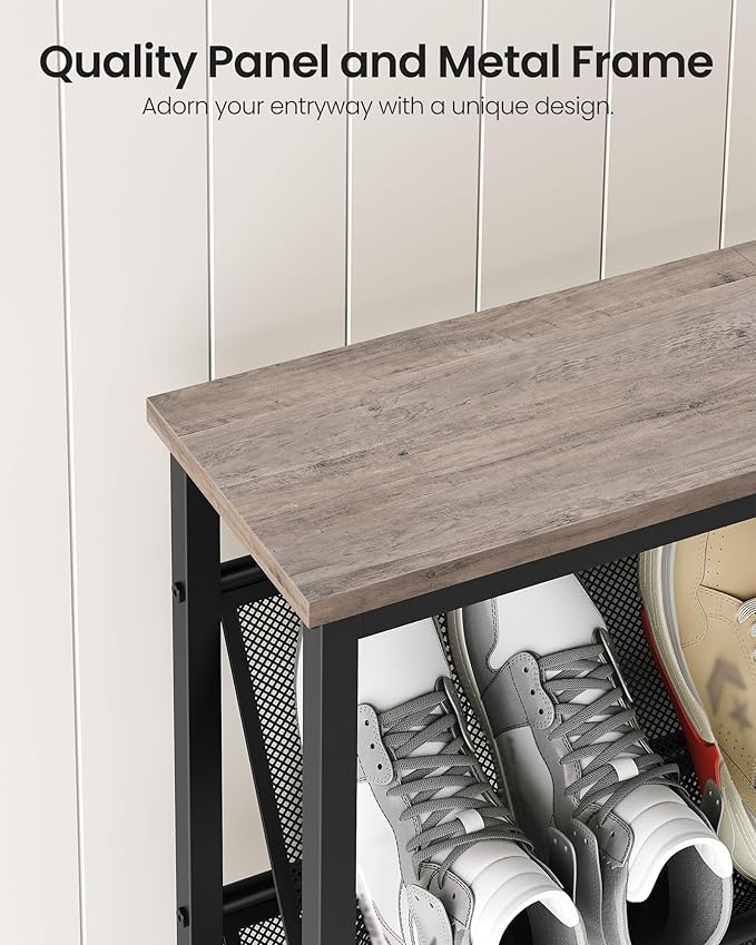 Shoe Rack, 4-Tier Slanted Shoe Storage Shelf, Narrow Shoe Rack for Entryway, Shoe Organizer with Adjustable Feet, Slim Shoe Shelf with Wooden Top and Metal Frame, Greige and Black TXJ75BG