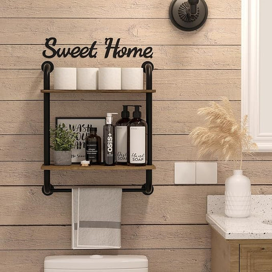 Bathroom Shelves Wall Mounted, Rustic Farmhouse Pipe Shelves, 2-Tier, Industrial Shelving Over Toilet, Floating Shelf Decor for Bathroom, Kitchen, Bedroom, Living Room 17.3 inch