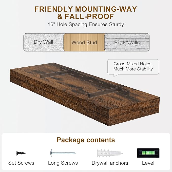 Fun Memories 55 Inch Fireplace Mantel - Long Floating Shelf, Wall Mounted Farmhouse Display with Invisible Heavy Duty Metal Bracket, Brown