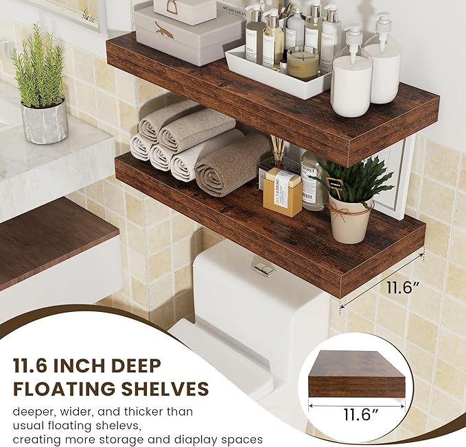 30 Inch Floating Shelves | 12 Inch Deep Brown Floating Shelves Set of 2 | 30