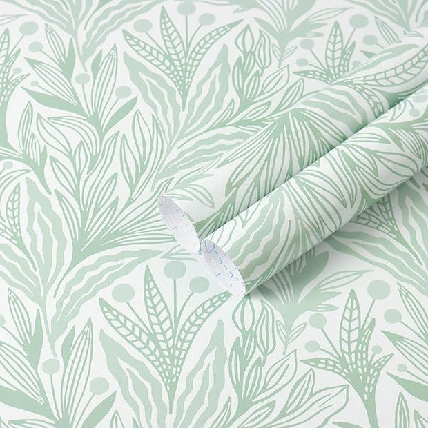 Peel and Stick Wallpaper Boho Green Leaf Contact Paper Sage Green Botanical Wall Paper Self Adhesive Removable Wallpaper for Cabinets Drawers Bedroom Decor Waterproof Vinyl Roll 17.3"x78.7"