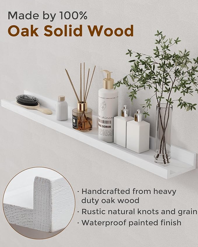 Axeman Oak Picture Ledge Shelf, 72 Inch Floating Shelves Set of 2, Solid Oak Wood Wall Shelves with Lip, Wall Decor Storage for Bedroom Living Room Bathroom Kitchen Nursery Photo Picture, White