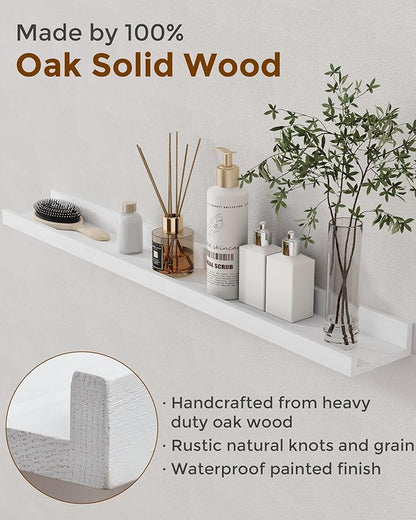 Axeman Oak Picture Ledge Shelf, 36 Inch Floating Shelves Set of 2, Solid Oak Wood Wall Shelves with Lip, Wall Decor Storage for Bedroom Living Room Bathroom Kitchen Nursery Photo Picture, White