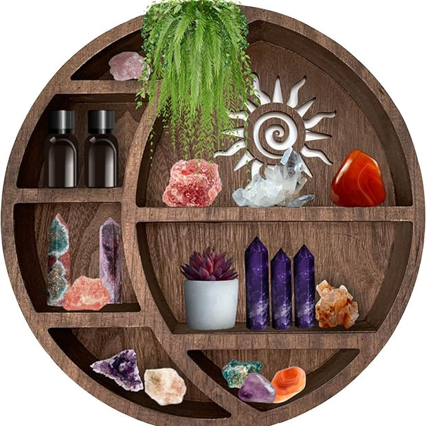 Wooden Crescent Sun Moon Shelf Wall Decor - Decorative Boho Home Hanging Display Shelf for Bedroom, Dorm, Nursery - Easy Mount Storage for Crystals and Essential Oils - 14 x 14 x 3.5