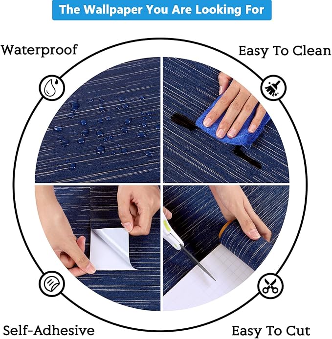 CRE8TIVE Dark Blue Grasscloth Wallpaper Peel and Stick Fabric Woven Textured Wallpaper Faux Grasscloth Contact Paper for Walls Prepasted Renter Friendly Blue Wall Paper for Bathroom Bedroom 12