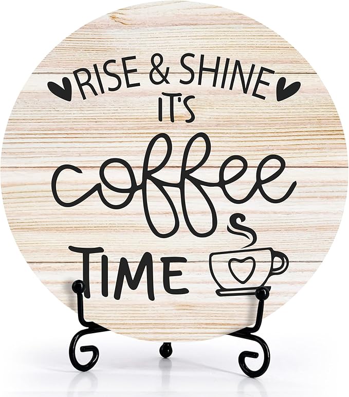 Coffee Desk Decor Sign, Farmhouse Wood Plaque, It Is Coffee Time Wood Sign, Cafe Lover Gifts, Decor For Home Kitchen Table Top, Wooden Round Decorations With Stand-15