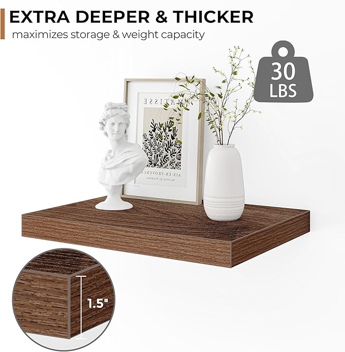 Fun Memories Floating Shelves - 2 Pack 12 Inch Rustic Wooden Wall Shelves - Extra Deeper & Thicker Wall Mounted Storage Shelf for Living Room, Kitchen, Farmhouse - 16